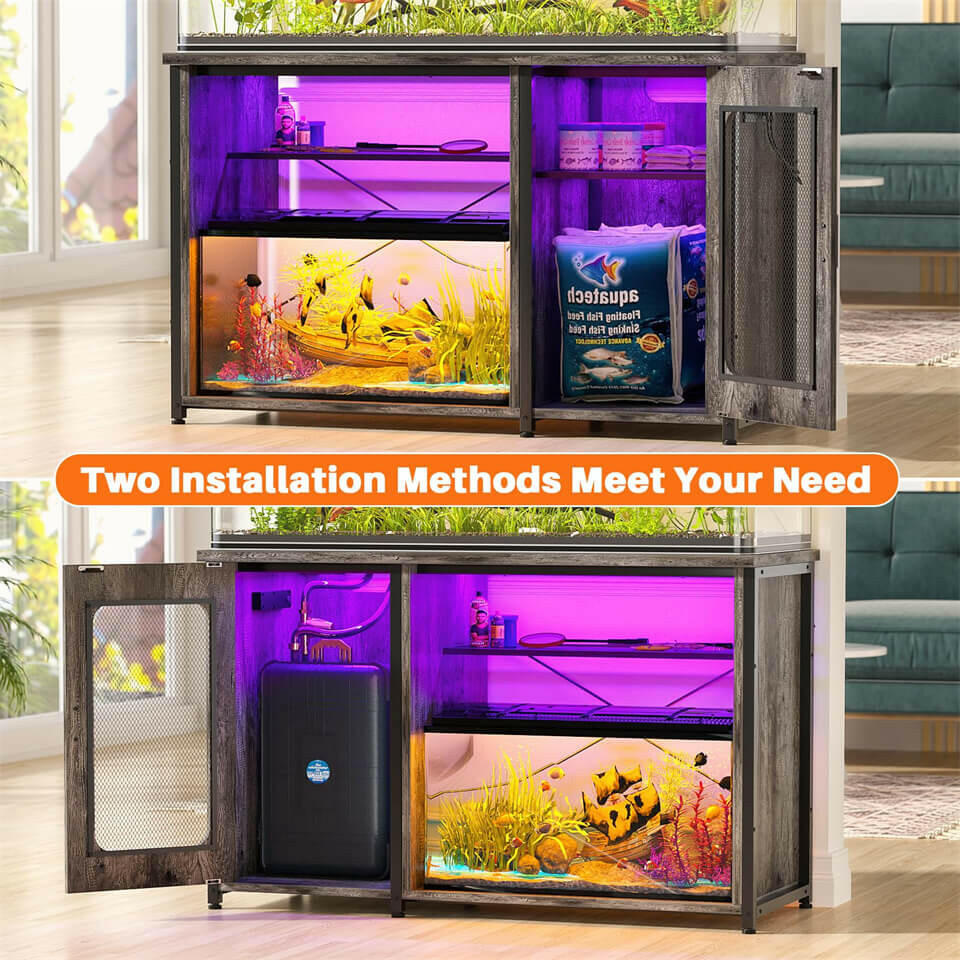 Unikito 55-75 Gallon Aquarium Stand with Power Outlets & LED Light, Reversible Fish Tank Stand with Cabinet for Fish Tank Accessories Storage, Heavy Duty Metal Frame, 880LBS Capacity