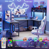 Unikito U Shaped Desk with Hutch, Reversible L Shaped Computer Desk with Power Outlets and LED Strip, Large Office Table with Monitor Stand, Large U Shape Gaming Desk