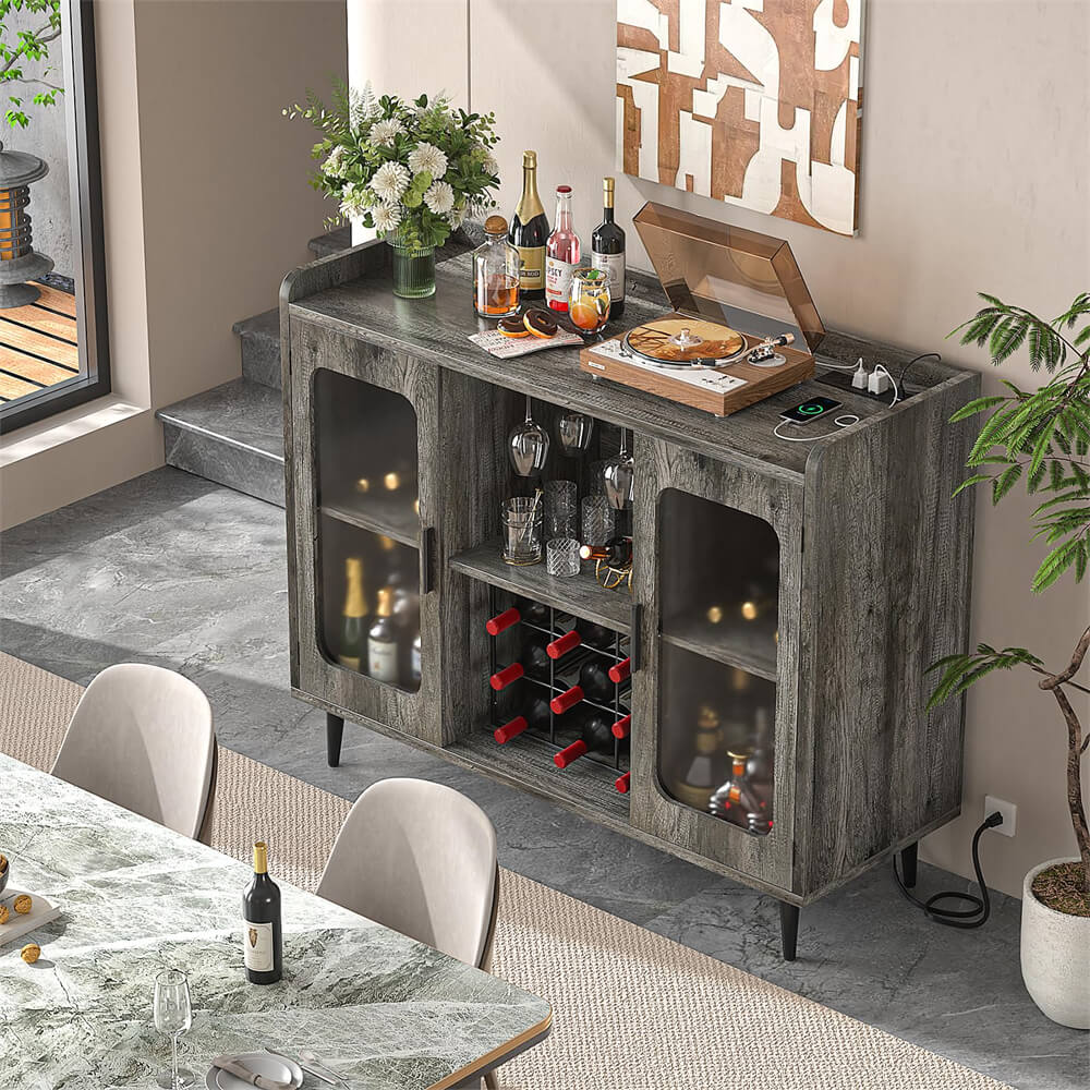 Unikito Wine Bar Cabinet with Power Outlet, Liquor Cabinet Bar with LED Light and Glass Holder, Home Coffee Bar Cabinet, Buffet Sideboard with Storage Shelf for Kitchen, Dining Room