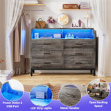 6 Drawer Dresser, Wooden Chest of Drawers with Power Outlets and Smart LED Light, for Bedroom, Living Room