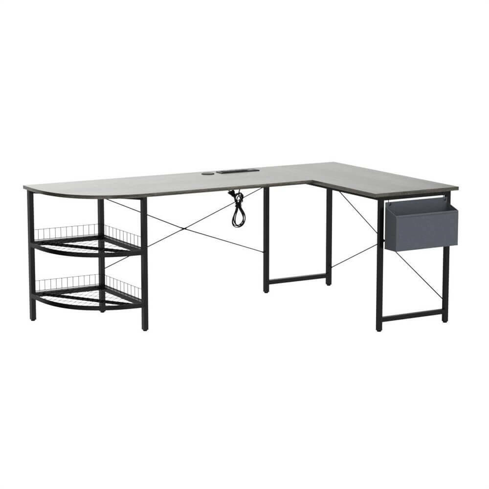 Unikito L Shaped Desk with Power Outlet, 98.4" Reversible Corner Computer Table with Storage Shelves and Bag, Modern 2 Person Large Long Desk for Home Office Writing Study Workstation