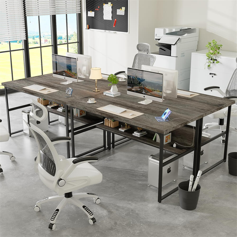 Unikito Computer Desk with Power Outlets, Executive Desk with Extra Thick Tabletop, Computer Office Desk Workstation with Bookshelf, Modern Simple Study Writing Table for Home Office