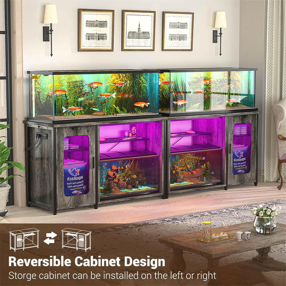 Unikito 55-75 Gallon Aquarium Stand with Power Outlets & LED Light, Reversible Fish Tank Stand with Cabinet for Fish Tank Accessories Storage, Heavy Duty Metal Frame, 880LBS Capacity