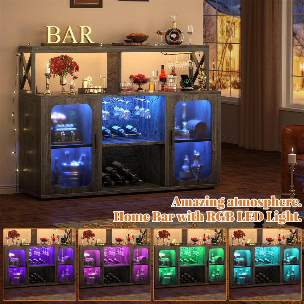 Unikito Bar Cabinet with Power Outlet, Liquor Cabinet with Led Lights and Glass Holders, Storage Buffet Cabinet Coffee Bar Cabinet for Liquor, Wine Cabinet with Racks for Home, Kitchen