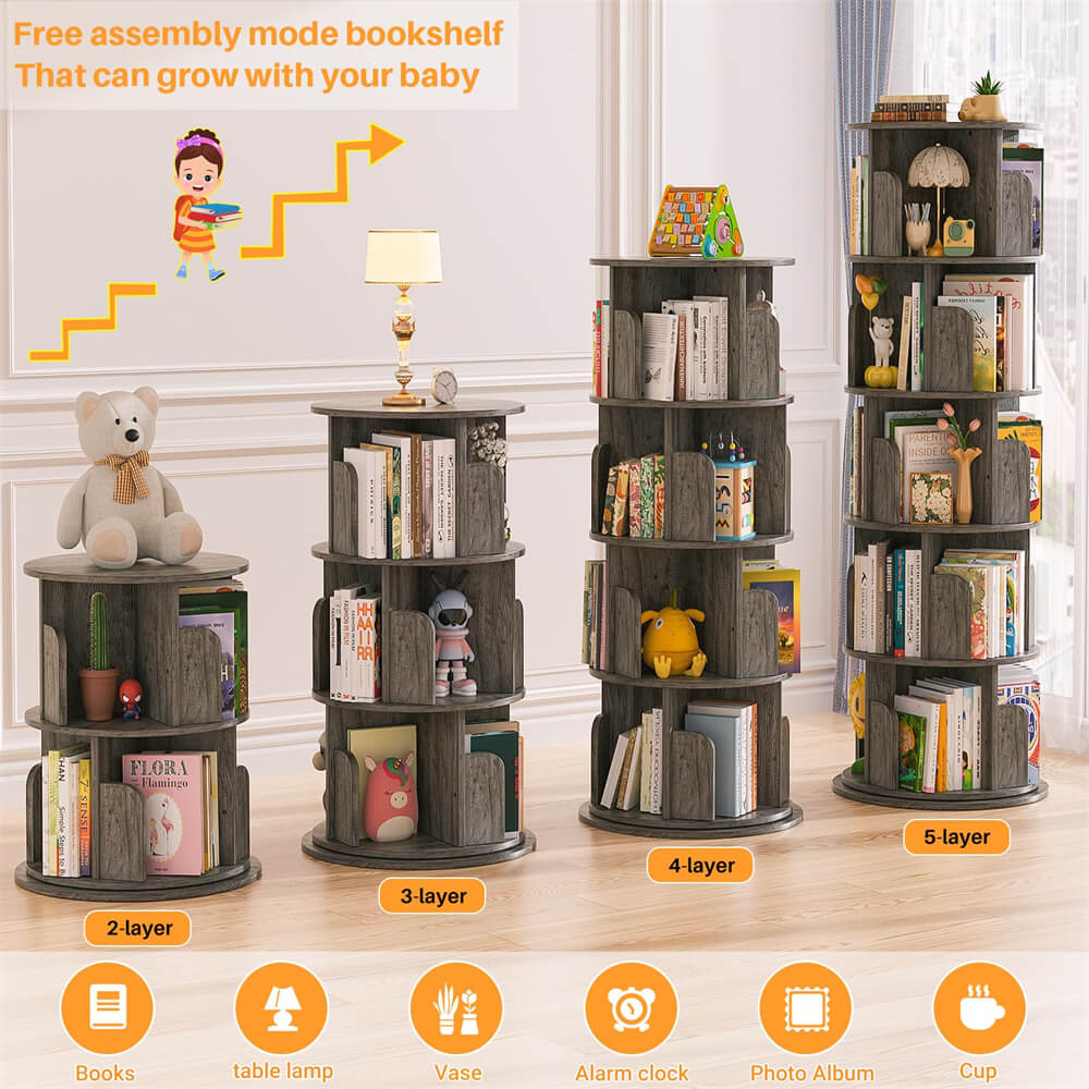 5-Tier Rotating Bookshelf, Wooden Spinning Bookshelf Tower, Suitable for Small Spaces Such as Bedroom, Stury Room