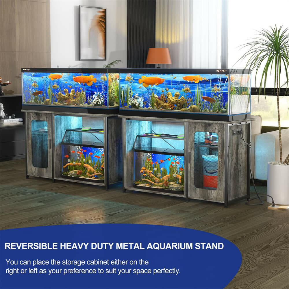 Unikito 55-75 Gallon Fish Tank Stand with Power Outlets & LED Light, Reversible Heavy Duty Metal Aquarium Stand with Cabinet for Fish Tank Accessories Storage, Turtle/Reptile Terrariums