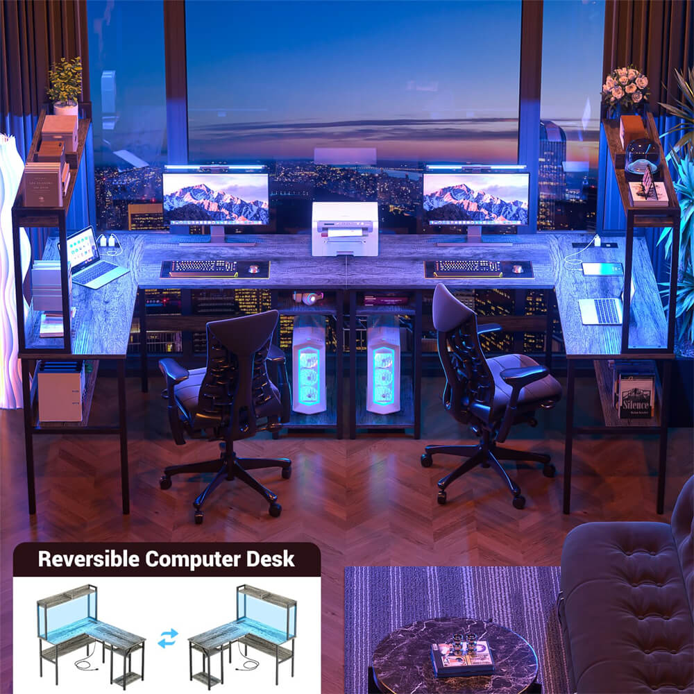 Unikito L Shaped Gaming Desk with RGB LED Strip and Power Outlets, Reversible Corner L Shaped Office Desk with Storage Shelves, Corner Desk with Hutch, Ideal Home Office Desks