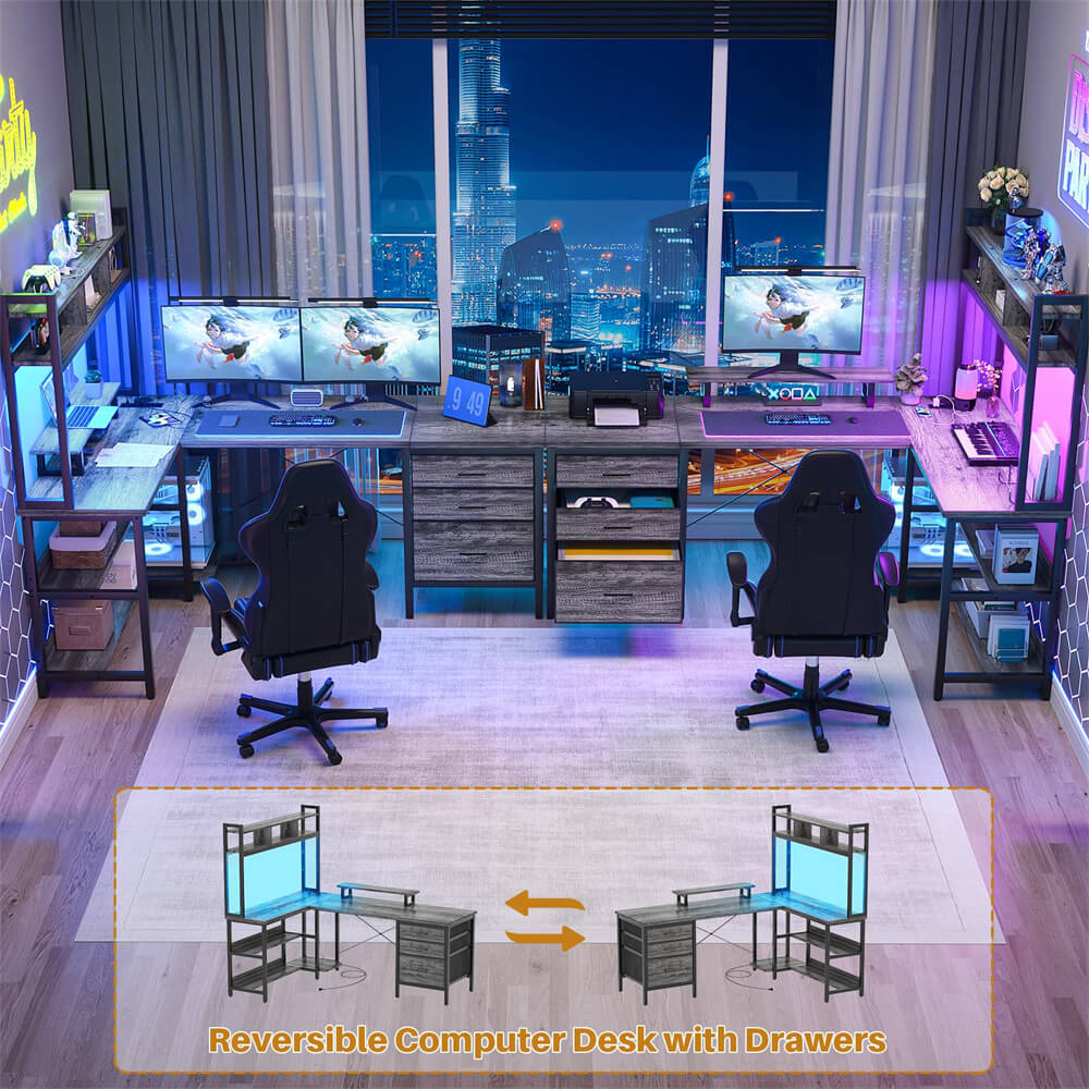 Unikito L Shaped Desk with Hutch, Gaming Desk with Led Lights, Reversible Computer Desk with Power Outlet, Corner Desk with File Drawer & Monitor Stand, Storage Shelves for Home