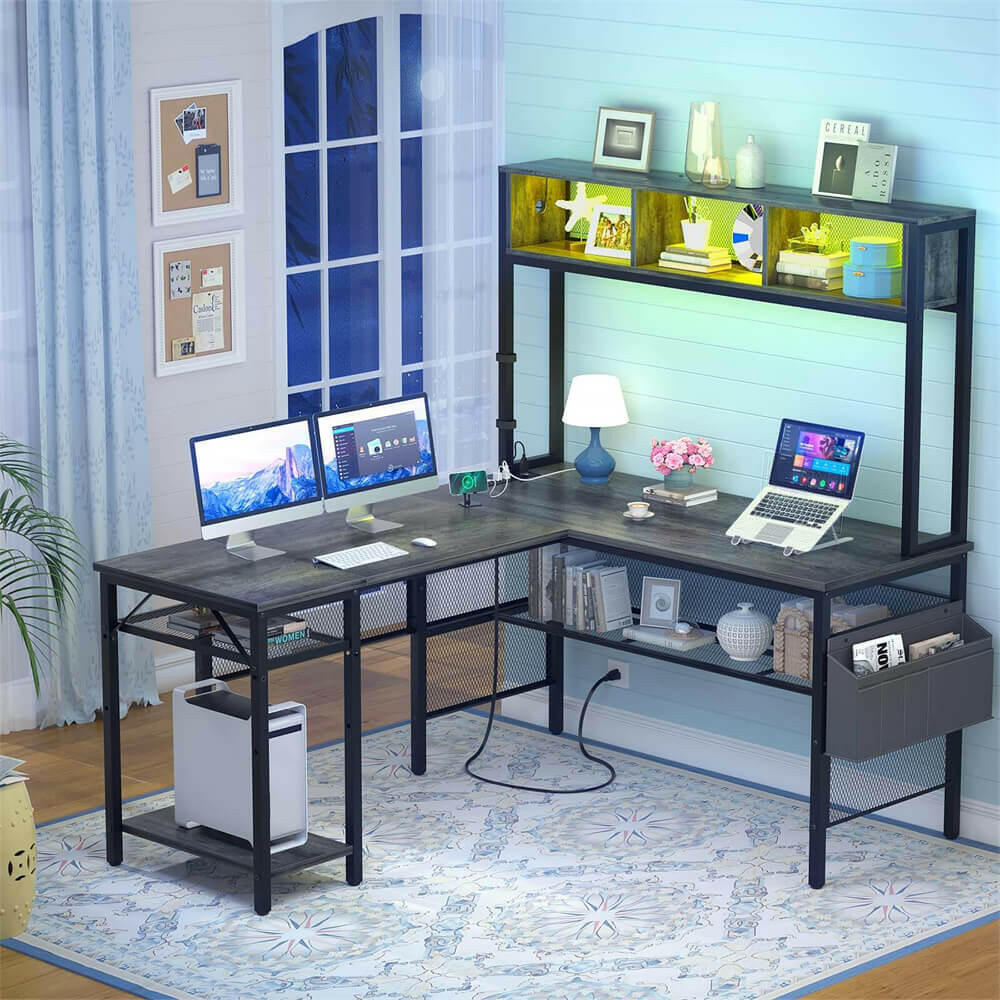 Unikito L Shaped Computer Desk with LED Strip and Power Outlets, Reversible L-Shaped Corner Desk with Storage Shelves and Bag, Industrial Home Office Desk Gaming Table with USB Port