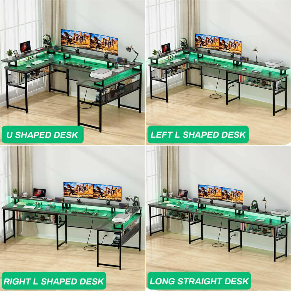 Unikito U Shaped Computer Desks, Reversible Office Desk with LED Strip and Power Outlets, L Shaped Table with Full Monitor Stand and Storage Shelves, 83 Inch Large U- Shape Gaming Desk