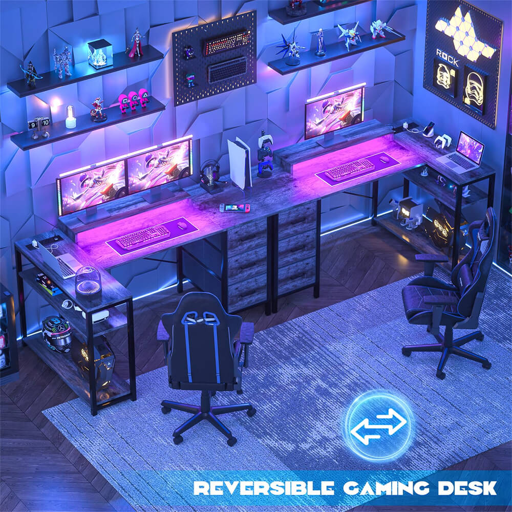 53 Inch L Shaped Computer Gaming Desk with Power Outlets & LED Lights, Corner Desk with 3 Fabric Drawers and Shelves, Reversible