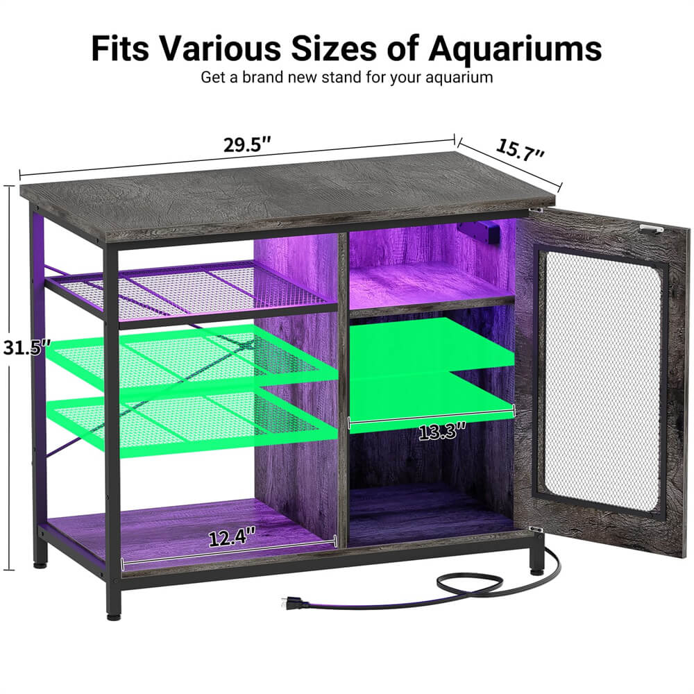 Unikito 20-29 Gallon Fish Tank Stand with Outlets and LED Light, Reversible Metal Aquarium Stand with Cabinet for Fish Tank Accessories Storage, Suitable for Reptile Terrarium, Turtle Tank