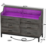 6 Drawer Dresser, Wooden Chest of Drawers with Power Outlets and Smart LED Light, for Bedroom, Living Room