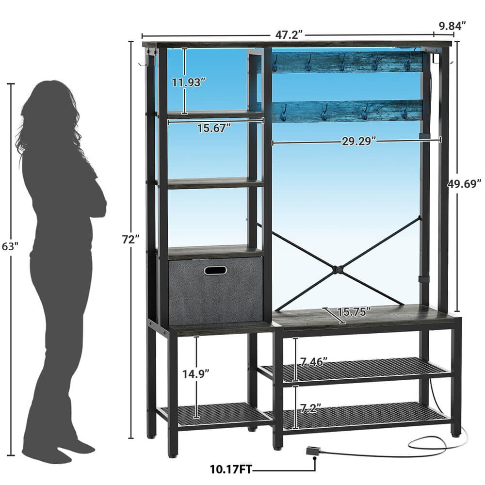 Unikito Hall Tree with Storage Bench, Coat Rack with LED Lights, 5-Tier Shelves, Fabric Storage Basket, Side Hooks, 71’’ Industrial 5 in 1 Large Organizer, Sturdy Metal Frame