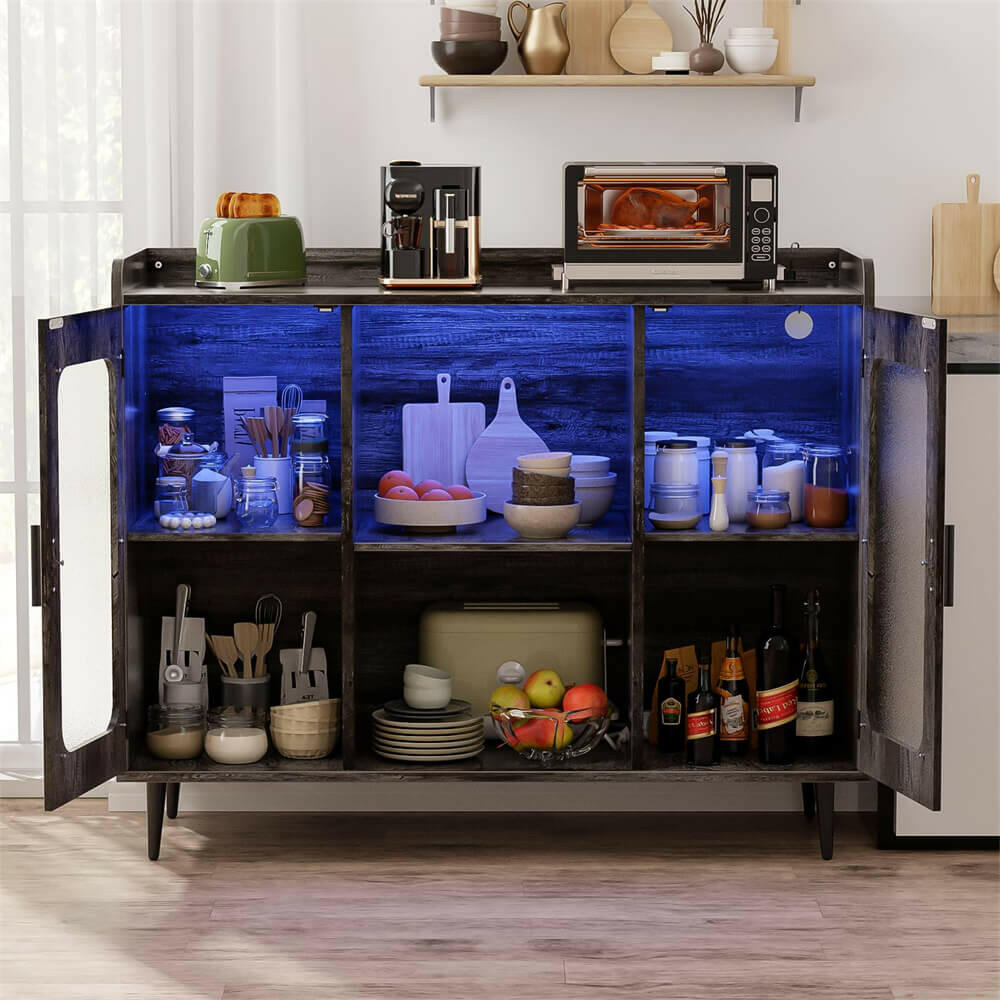 Unikito Liquor Cabinet Bar with Power Outlet and LED Light, Wine Bar Cabinet with Wine and Glasses Rack, Home Coffee Bar Cabinet, Buffet Sideboard with Storage Shelf for Kitchen, Dining Room