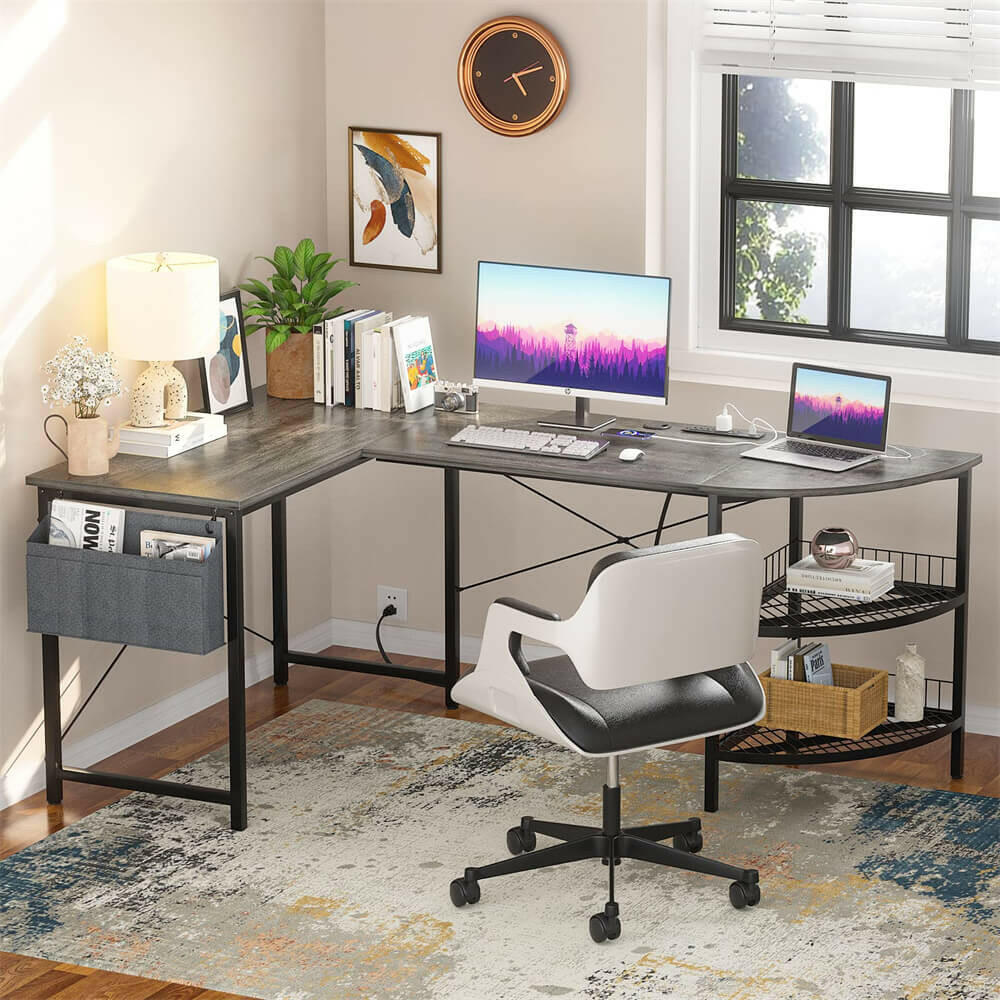 Unikito L Shaped Desk with Power Outlet, 98.4" Reversible Corner Computer Table with Storage Shelves and Bag, Modern 2 Person Large Long Desk for Home Office Writing Study Workstation