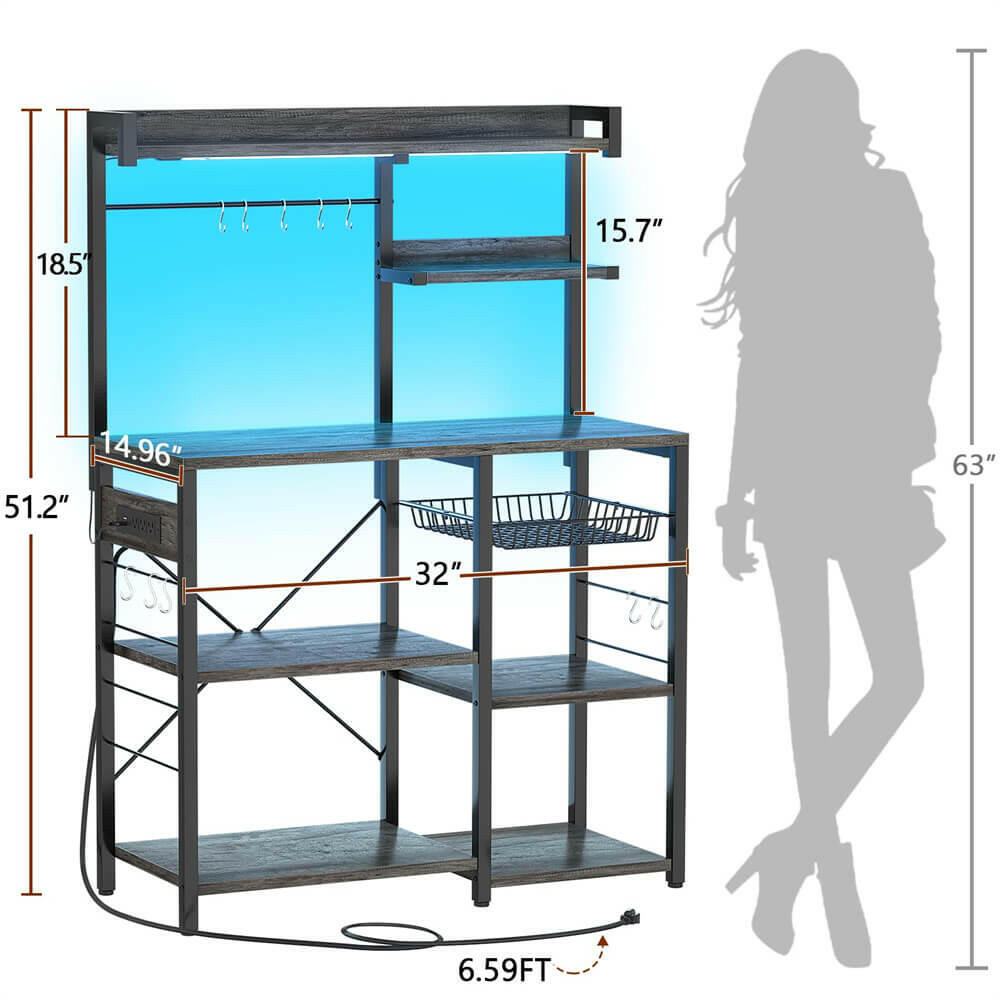 Unikito Bakers Rack with Power Outlet and LED Light Strings, Microwave Oven Stand Kitchen Storage Shelf with Wire Basket, Coffee Bar Station Island Table with 10 Hooks for Spices, Pots