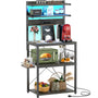 5-Tier Bakers Rack with Power Outlets, LED Lights, and Metal Hooks