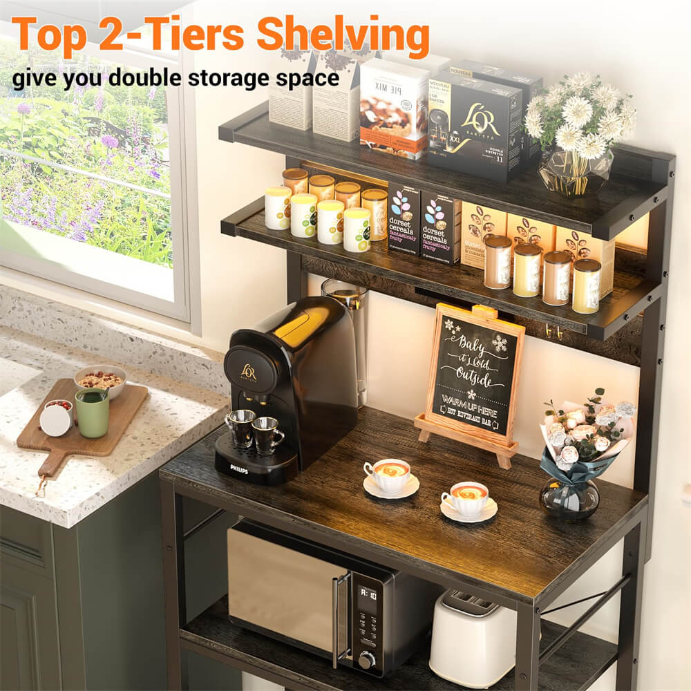 5-Tier Bakers Rack with Power Outlets, LED Lights, and Metal Hooks