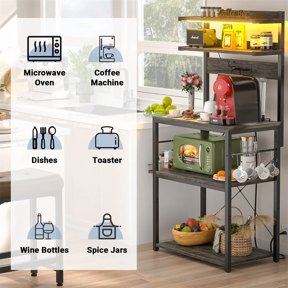 5-Tier Bakers Rack with Power Outlets, LED Lights, and Metal Hooks