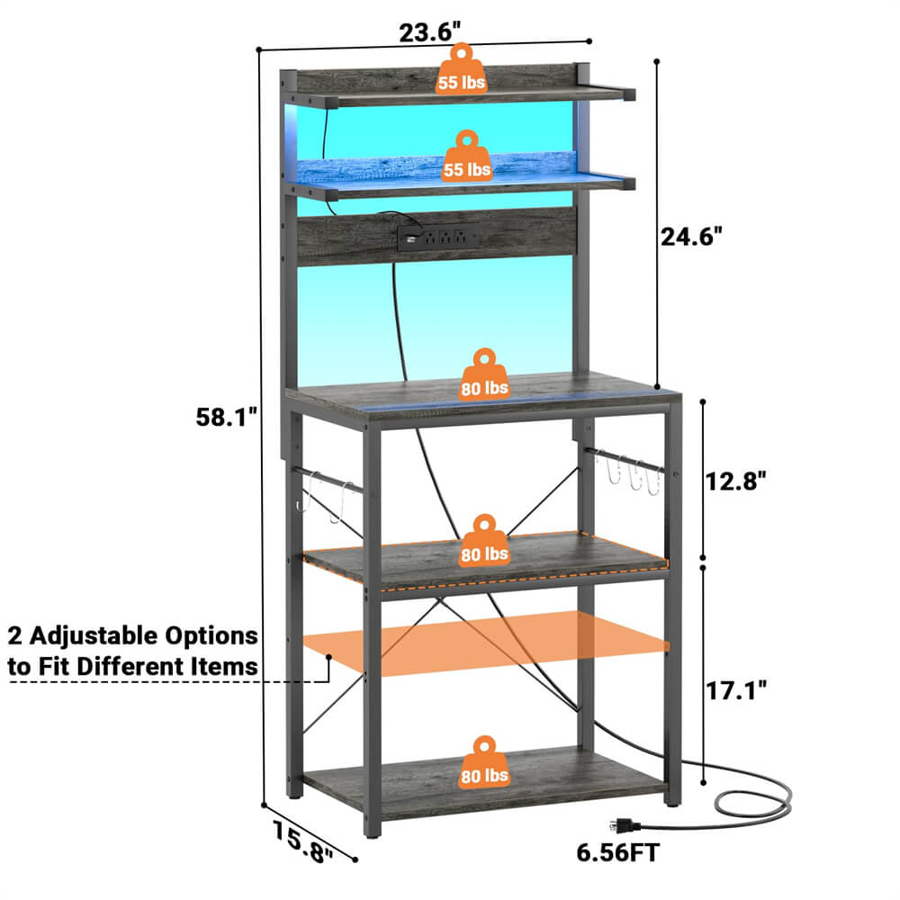 5-Tier Bakers Rack with Power Outlets, LED Lights, and Metal Hooks