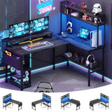 L Shaped Gaming Desk with Power Outlets & LED Lights, Small Computer Gaming Desk with Monitor Stand, Storage, Side Storage Bag, and Headphone Hooks