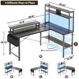 L Shaped Gaming Desk with Power Outlets & LED Lights, Small Computer Gaming Desk with Monitor Stand, Storage, Side Storage Bag, and Headphone Hooks