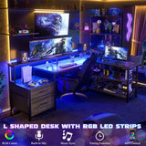 Unikito L Shaped Desk with File Drawer, 66" Reversible L Shaped Computer Desk with Power Outlet & LED Strip, Gaming Desk with Long Monitor Stand, Office Desk Corner Desk with Storage Shelf