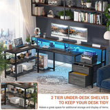 Unikito L Shaped Desk with File Drawer, 66" Reversible L Shaped Computer Desk with Power Outlet & LED Strip, Gaming Desk with Long Monitor Stand, Office Desk Corner Desk with Storage Shelf