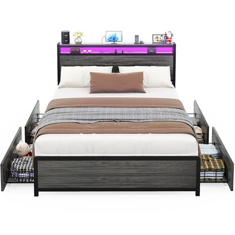 Unikito Full Size Bed Frame with 4 Storage Drawers and Charging Station, Sturdy Platform Bed with Storage Headboard and LED Light, No Box Spring Needed, Easy Assembly