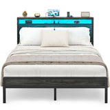 Unikito Full Size Bed Frame with Charging Station and Led Lights, Industrial Metal Platform Bed with Storage Headboard, Steel Slat Support, No Box Spring Needed, Noise-Free