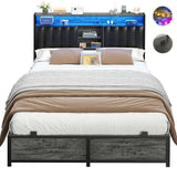 Unikito Full Size Bed Frame with Charging Station & Led Lights, Platform Bed with Leather Upholstered Headboard and Storage, Metal Slats Support, No Box Spring Needed, Noise-Free, Easy Assembly