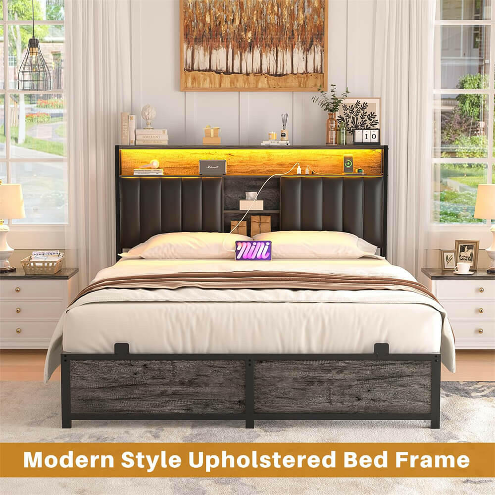 Unikito Full Size Bed Frame with Charging Station & Led Lights, Platform Bed with Leather Upholstered Headboard and Storage, Metal Slats Support, No Box Spring Needed, Noise-Free, Easy Assembly