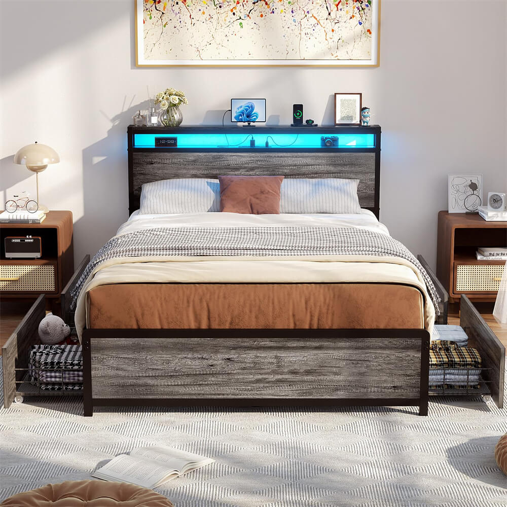 Unikito Full Size Bed Frame with 4 Storage Drawers and Charging Station, Sturdy Platform Bed with Storage Headboard and LED Light, No Box Spring Needed, Easy Assembly