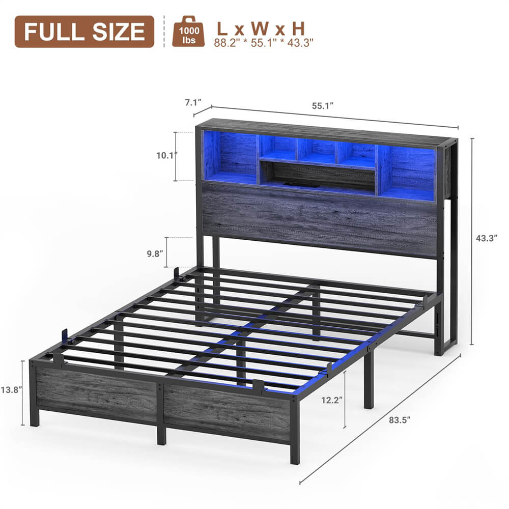 Unikito Full Size Bed Frame with Bookcase Headboard, Metal Platform Bed Frame Full Size with Charging Station and LED Light, Heavy Duty Metal Slats, No Box Spring Needed, Noise-Free