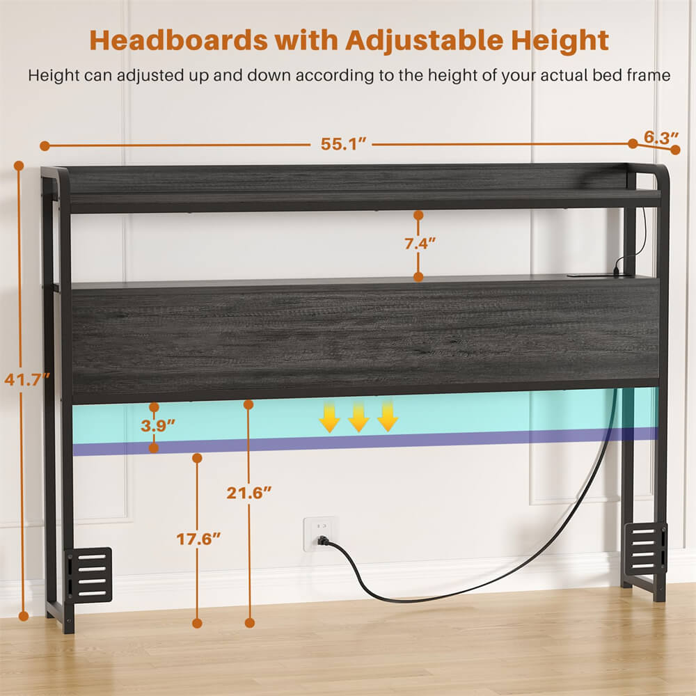 Full Size Headboard for Bed Frame, Headboard with Storage Shelf, LED Lights, and Power Outlets, USB Ports, Height Adjustable