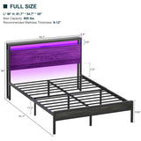 Unikito Full Size Bed Frame with Charging Station and Led Lights, Industrial Metal Platform Bed with Storage Headboard, Steel Slat Support, No Box Spring Needed, Noise-Free