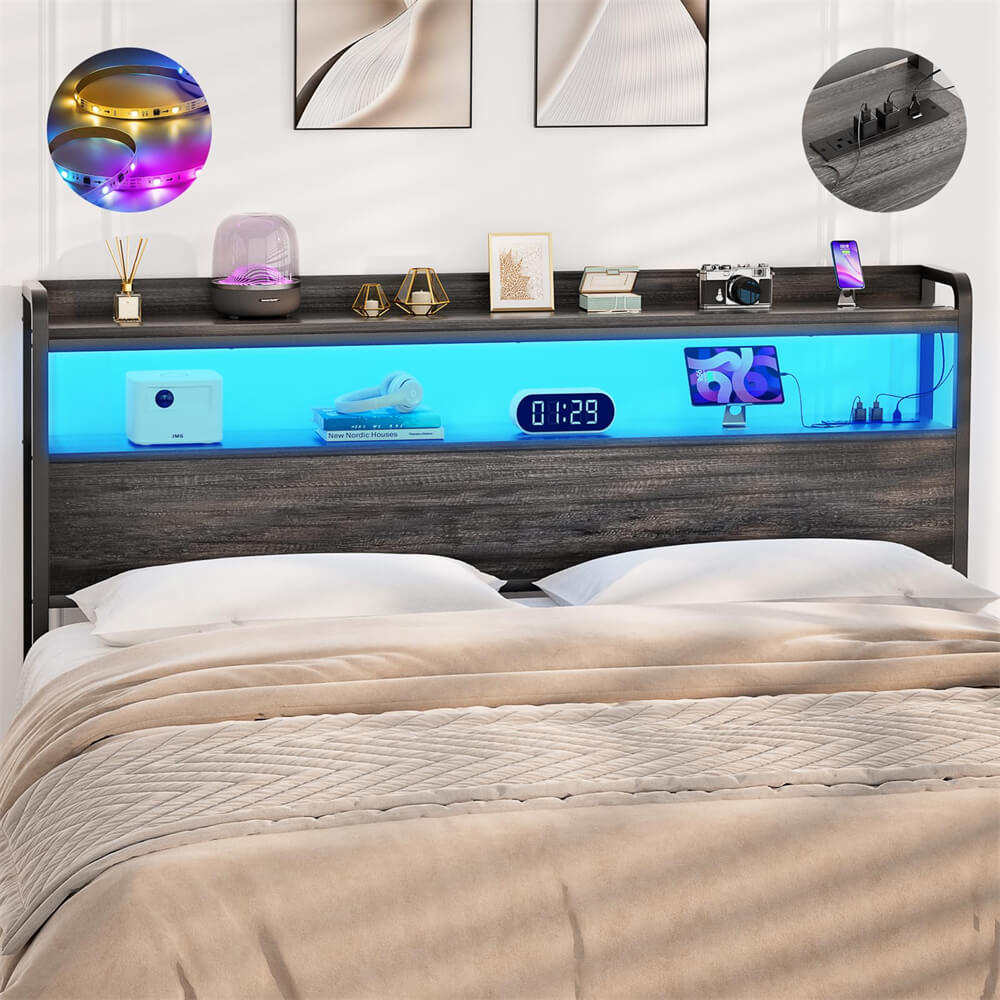 Full Size Headboard for Bed Frame, Headboard with Storage Shelf, LED Lights, and Power Outlets, USB Ports, Height Adjustable