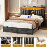 Unikito Full Size Bed Frame with Charging Station & Led Lights, Platform Bed with Leather Upholstered Headboard and Storage, Metal Slats Support, No Box Spring Needed, Noise-Free, Easy Assembly