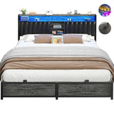 Unikito King Bed Frame with Charging Station & Led Lights, Platform Bed with Leather Upholstered Headboard and Storage, Metal Slats Support, No Box Spring Needed, Noise-Free, Easy Assembly