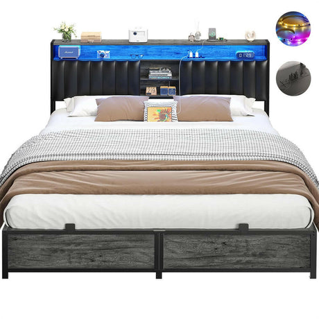 Unikito King Bed Frame with Charging Station & Led Lights, Platform Bed with Leather Upholstered Headboard and Storage, Metal Slats Support, No Box Spring Needed, Noise-Free, Easy Assembly