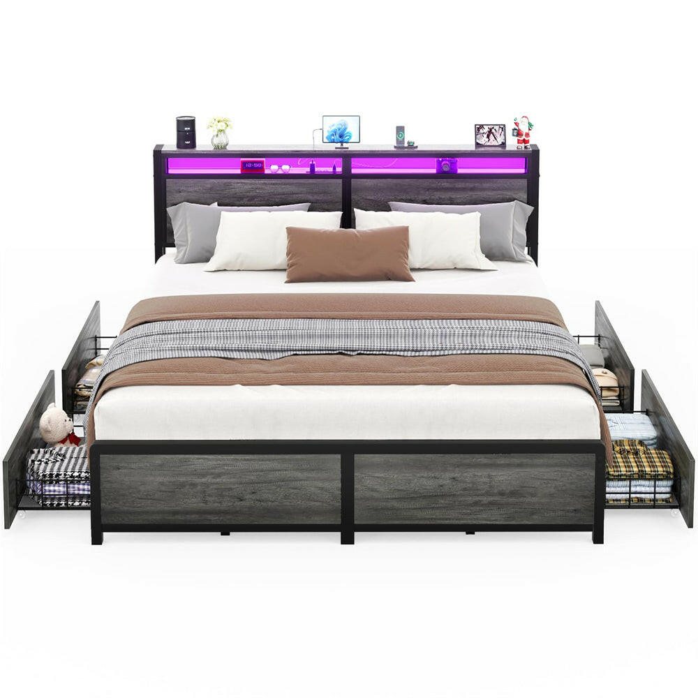 Unikito King Size Bed Frame with 4 Storage Drawers and Charging Station, Sturdy Platform Bed with Storage Headboard and LED Light, No Box Spring Needed, Easy Assembly