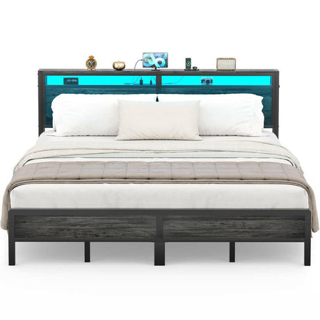 Unikito King Size Bed Frame with Charging Station and Led Lights, Industrial Metal Platform Bed with Storage Headboard, Steel Slat Support, No Box Spring Needed, Noise-Free, Easy Assembly
