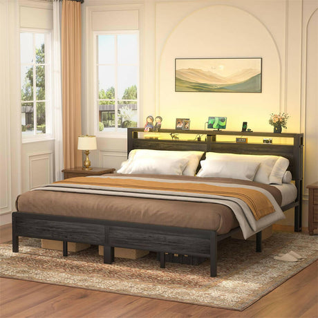 Unikito King Size Bed Frame with Charging Station and Led Lights, Industrial Metal Platform Bed with Storage Headboard, Steel Slat Support, No Box Spring Needed, Noise-Free, Easy Assembly