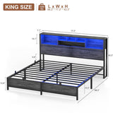 Unikito King Size Bed Frame with Bookcase Headboard, Metal Platform Bed Frame King Size with Charging Station and LED Light, Heavy Duty Metal Slats, No Box Spring Needed, Noise-Free