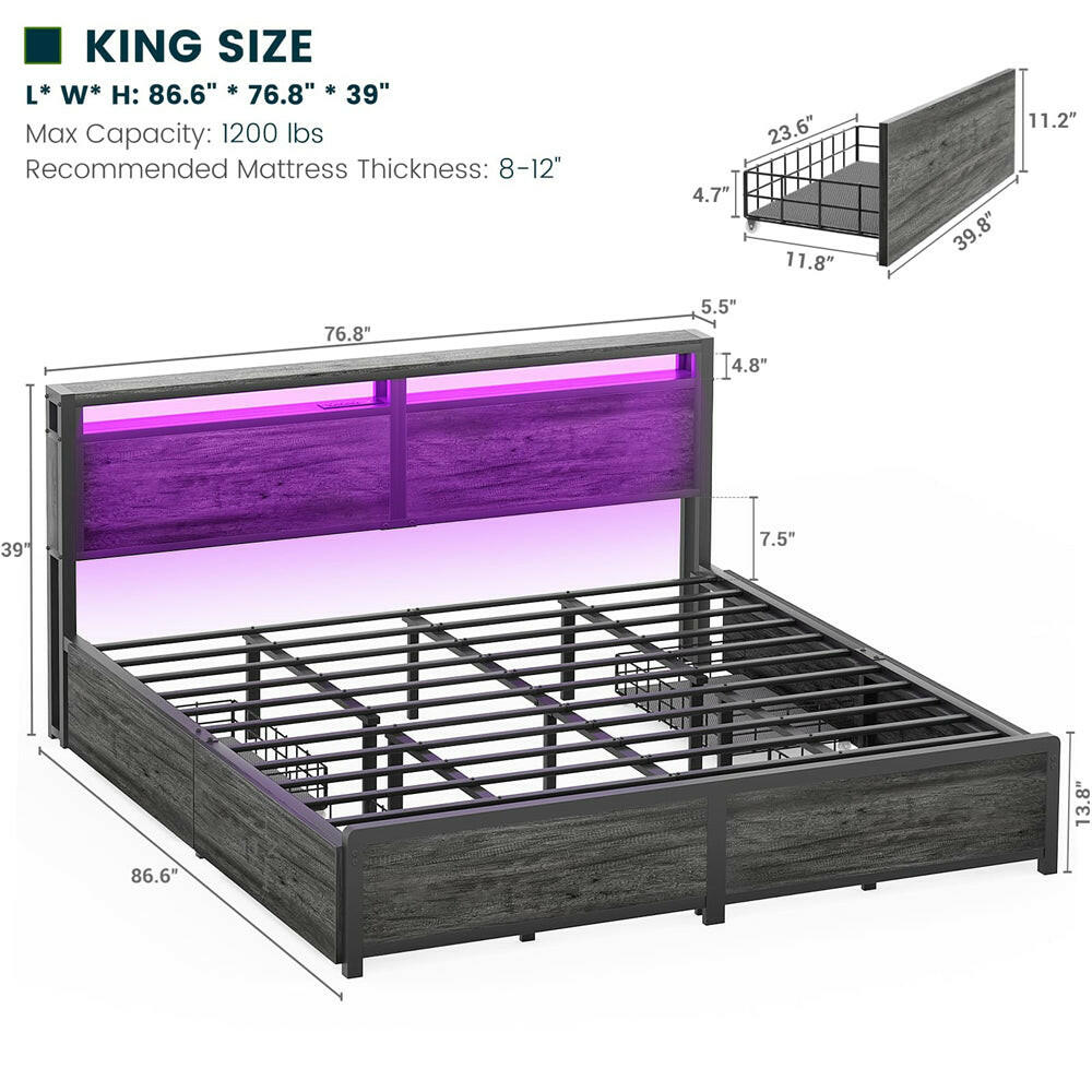 Unikito King Size Bed Frame with 4 Storage Drawers and Charging Station, Sturdy Platform Bed with Storage Headboard and LED Light, No Box Spring Needed, Easy Assembly