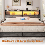 King Size Headboard for Bed Frame, Headboard with Storage Shelf, LED Lights, and Power Outlets, USB Ports, Height Adjustable