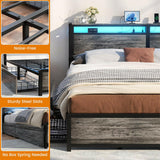 Unikito King Size Bed Frame with 4 Storage Drawers and Charging Station, Sturdy Platform Bed with Storage Headboard and LED Light, No Box Spring Needed, Easy Assembly