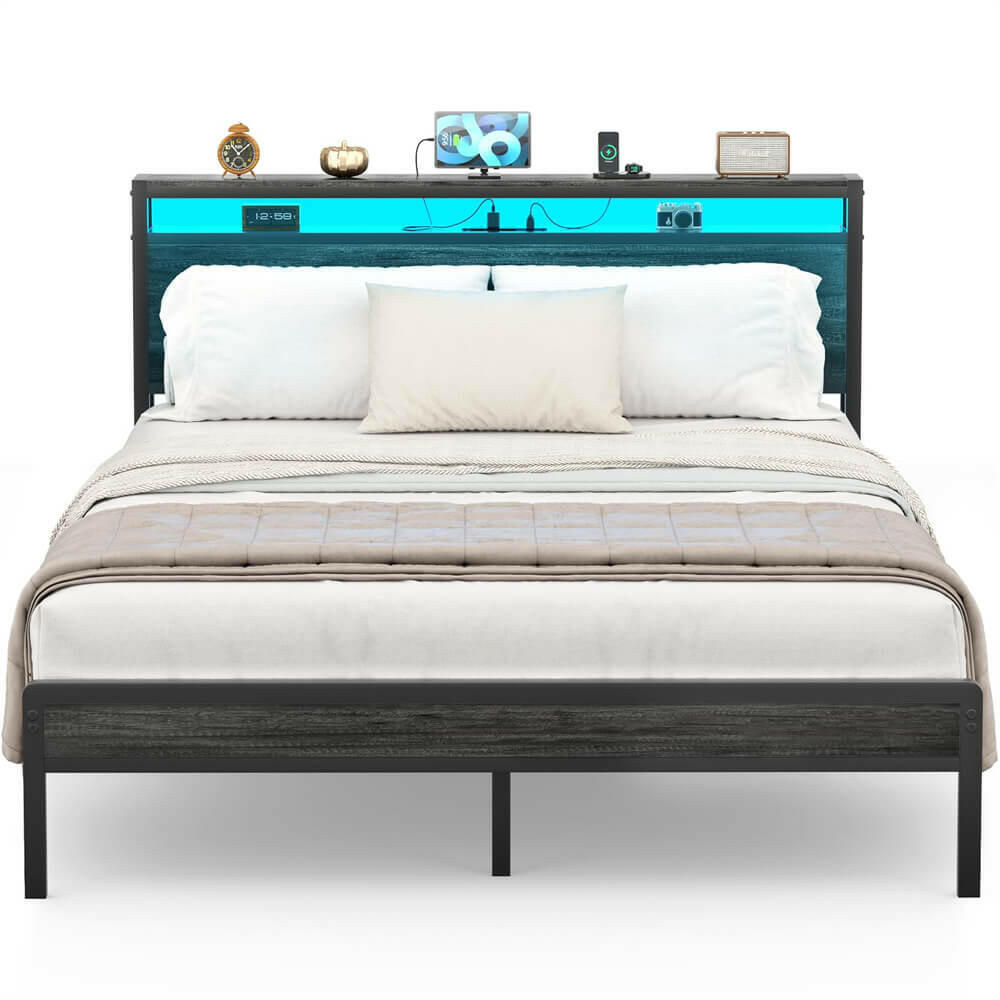 Unikito Queen Size Bed Frame with Charging Station and Led Lights, Industrial Metal Platform Bed with Storage Headboard, Steel Slat Support, No Box Spring Needed, Noise-Free, Easy Assembly