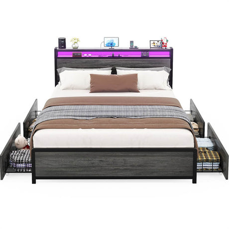Unikito Queen Size Bed Frame with 4 Storage Drawers and Charging Station, Sturdy Platform Bed with Storage Headboard and LED Light, No Box Spring Needed, Easy Assembly